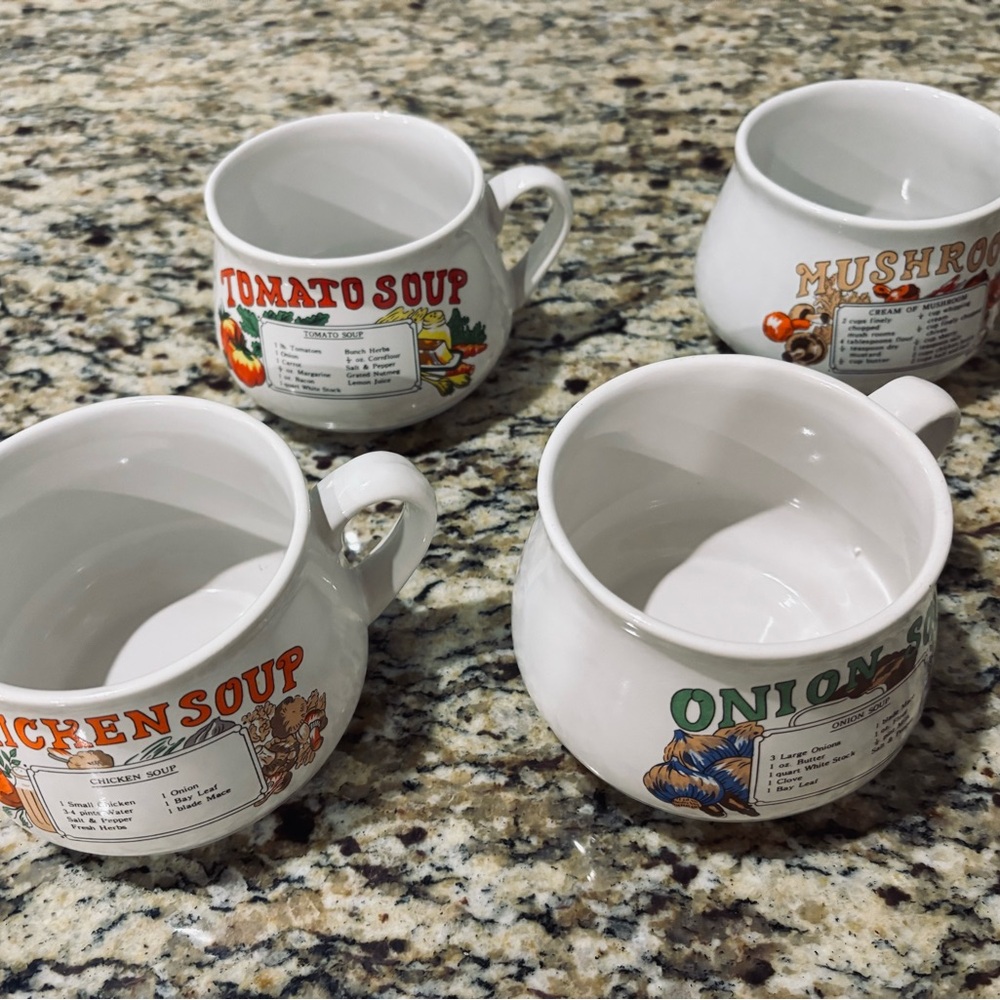 Charming White Soup Mug Set - Chicken, Tomato, Mushroom, Onion